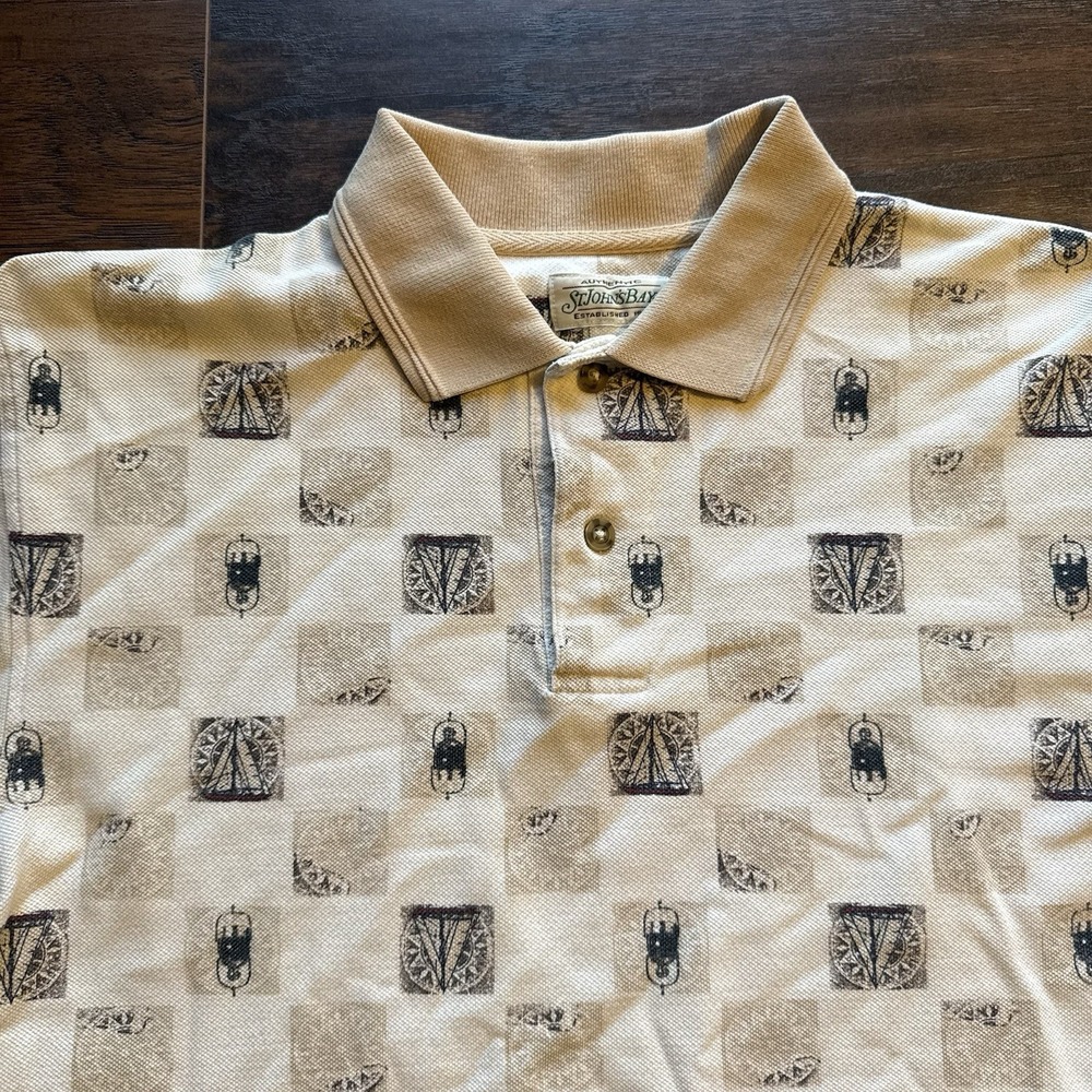 Vintage St. John's Bay All Over Print Polo Shirt Men M Beige Tribal USA Made 90s - Picture 3 of 7